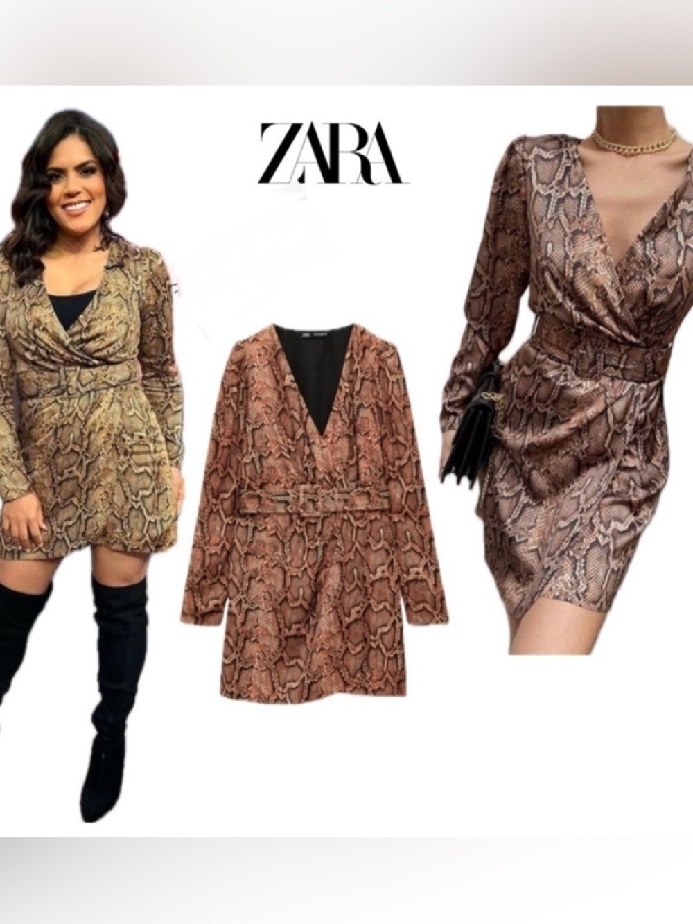 Zara tan brown snake print long sleeve V-neck belted mini wrap dress Sz XL